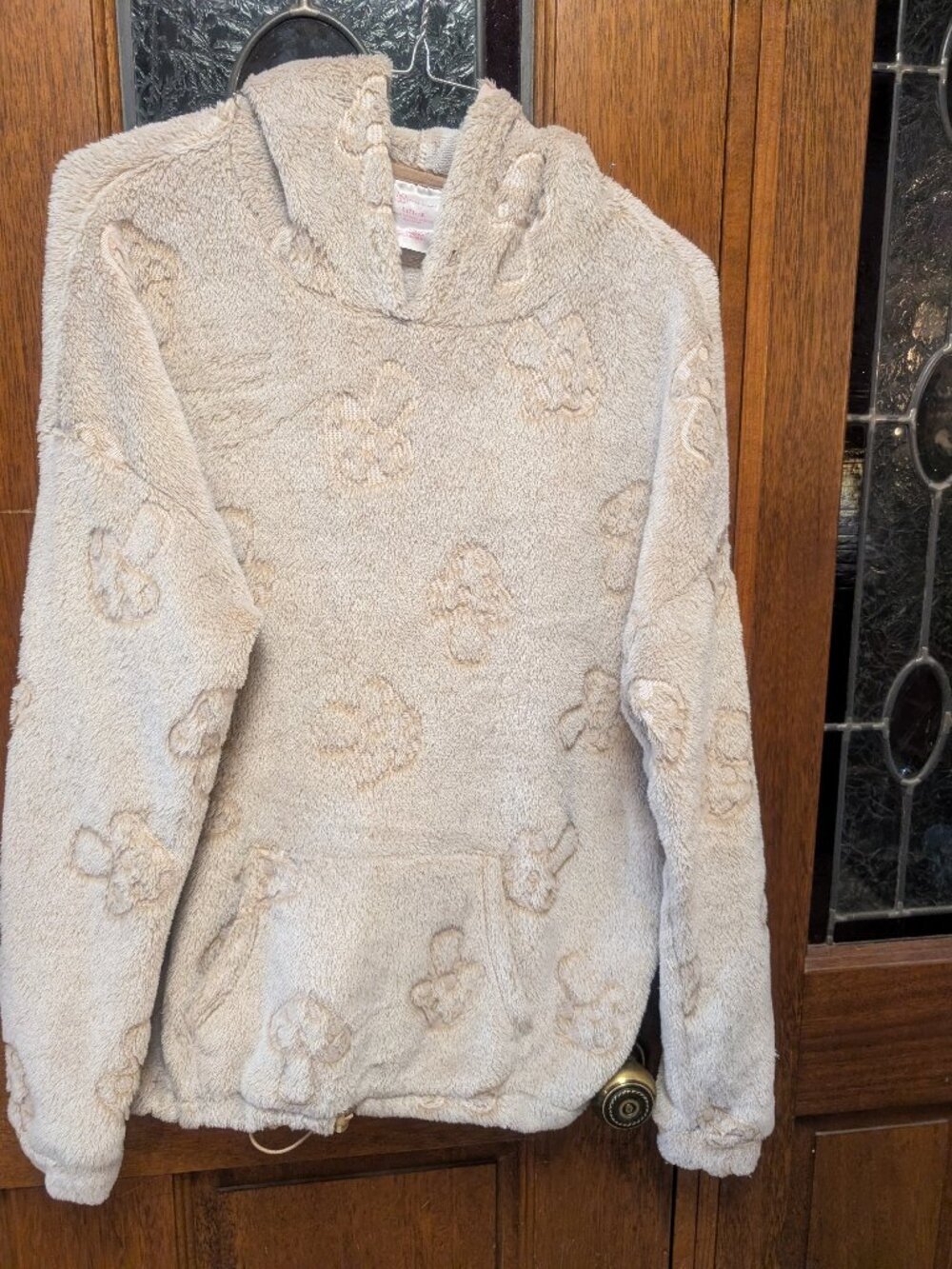 Juniors tan plush hoodie, size Large
